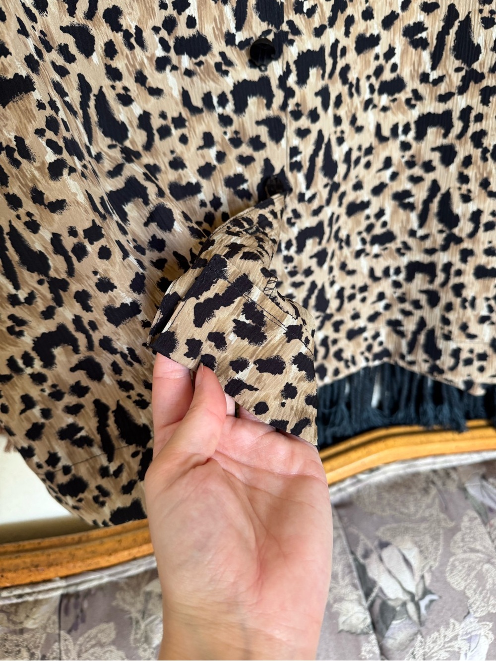 Brown + black leopard print button up shirt with black collar accent - Picture 3 of 3